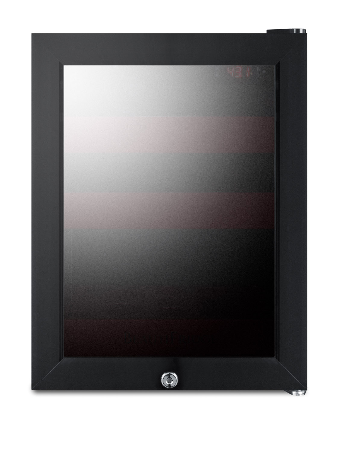 BeautiFridge compact cosmetics cooler with mirror-tinted glass door, black cabinet, lock, glossy ruby-colored shelves, and digital controls set for the storage of beauty products